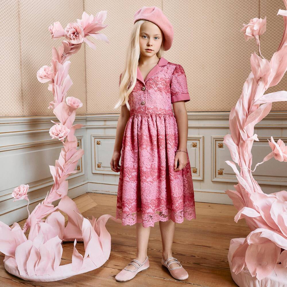 Patachou-Girls Pink Lace Dress with Gemstone Buttons | Childrensalon