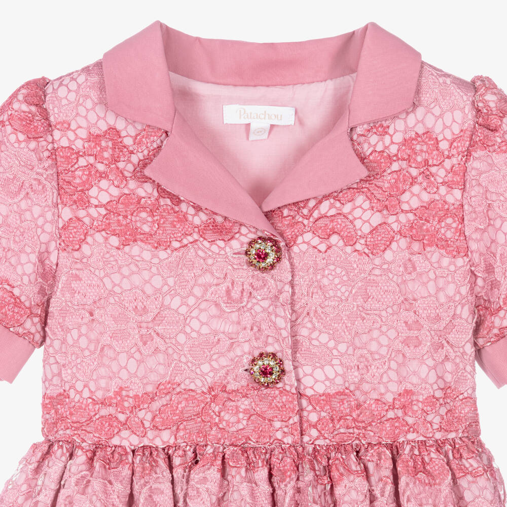 Patachou-Girls Pink Lace Dress with Gemstone Buttons | Childrensalon