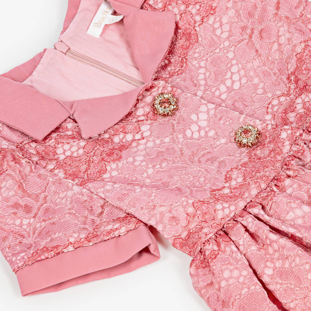 Patachou-Girls Pink Lace Dress with Gemstone Buttons | Childrensalon