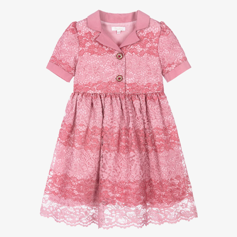 Patachou-Girls Pink Lace Dress with Gemstone Buttons | Childrensalon