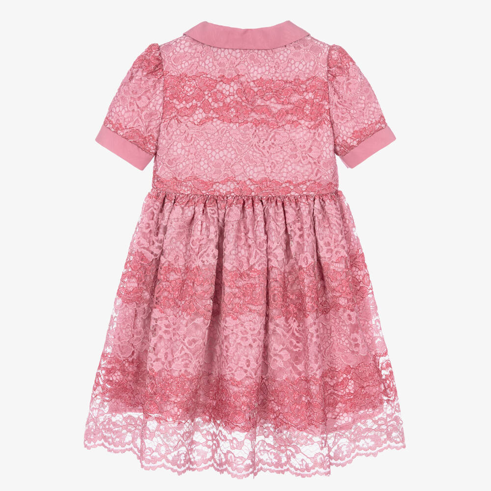 Patachou-Girls Pink Lace Dress with Gemstone Buttons | Childrensalon