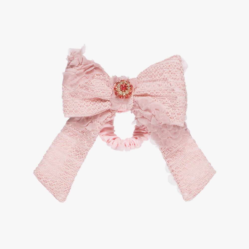 Patachou-Girls Pink Lacy Bow Hair Scrunchie | Childrensalon