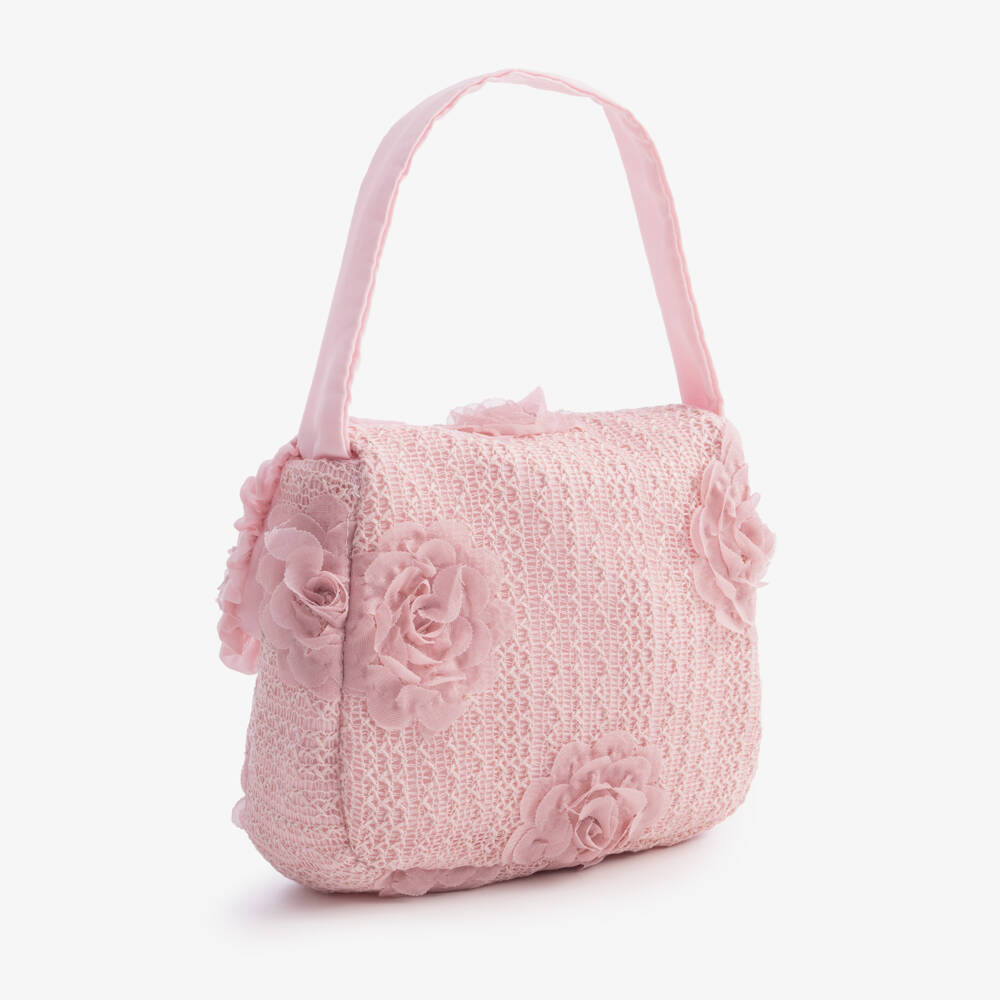 Patachou-Girls Pink Lacy Handbag with Floral Detail (17cm) | Childrensalon