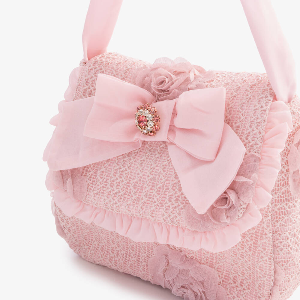 Patachou-Girls Pink Lacy Handbag with Floral Detail (17cm) | Childrensalon
