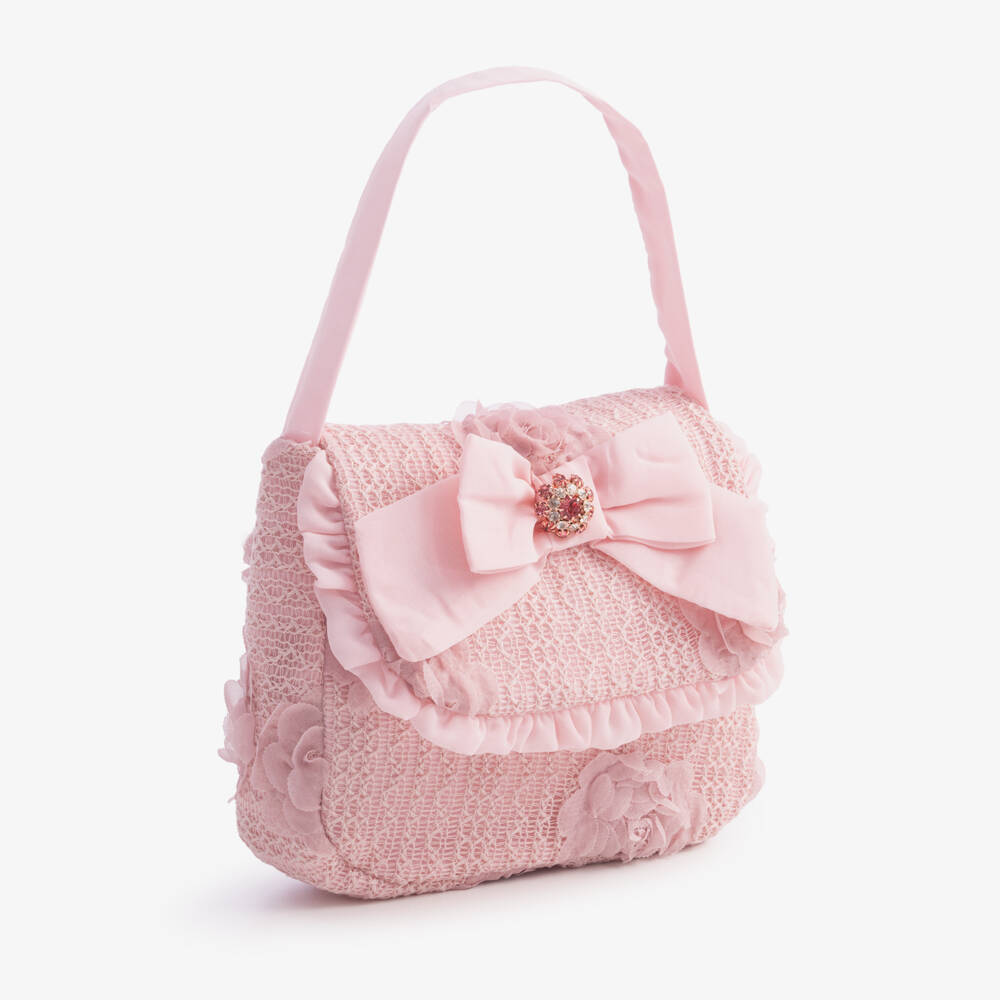 Patachou-Girls Pink Lacy Handbag with Floral Detail (17cm) | Childrensalon