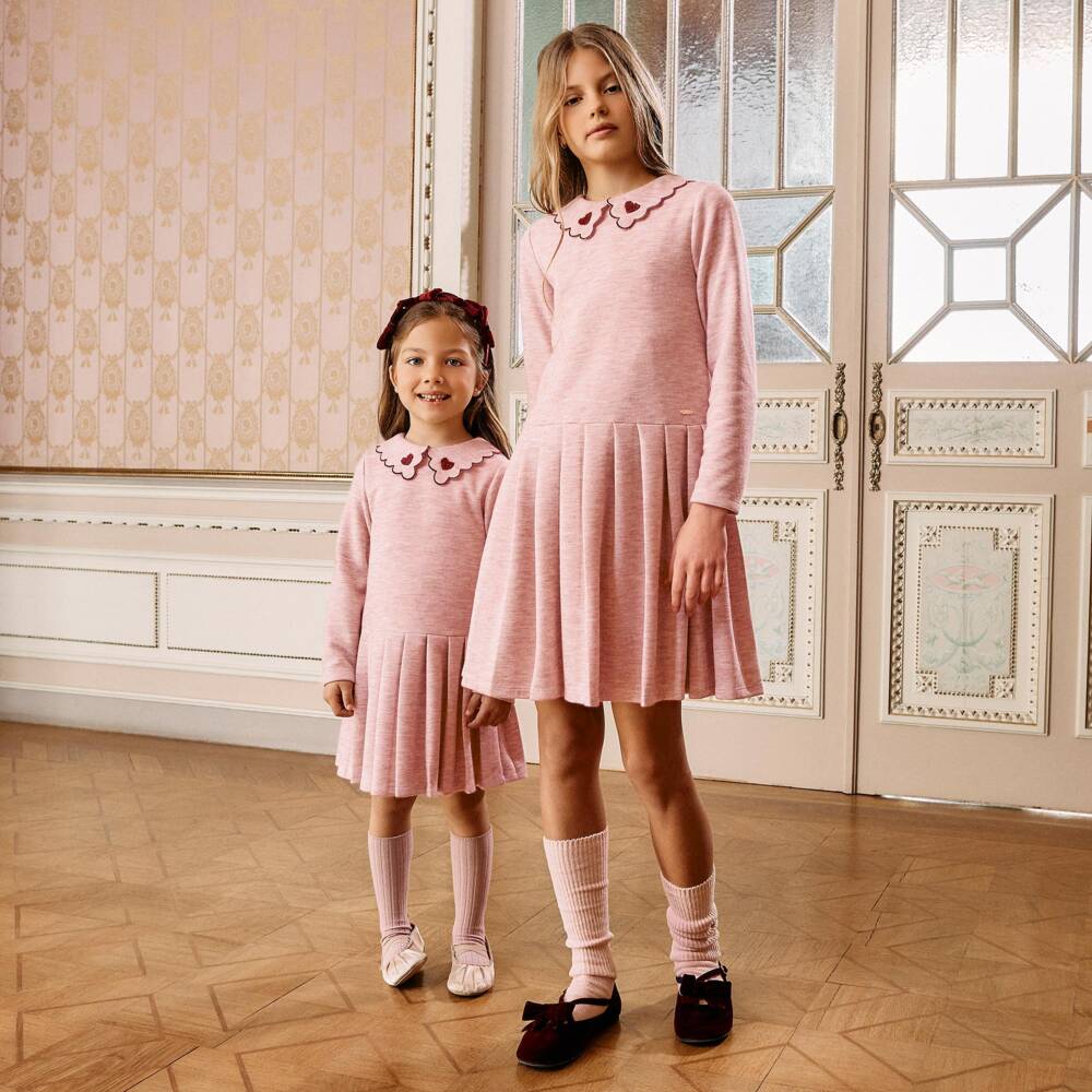 Patachou-Girls Pink Marl Pleated Dress with Scalloped Collar | Childrensalon