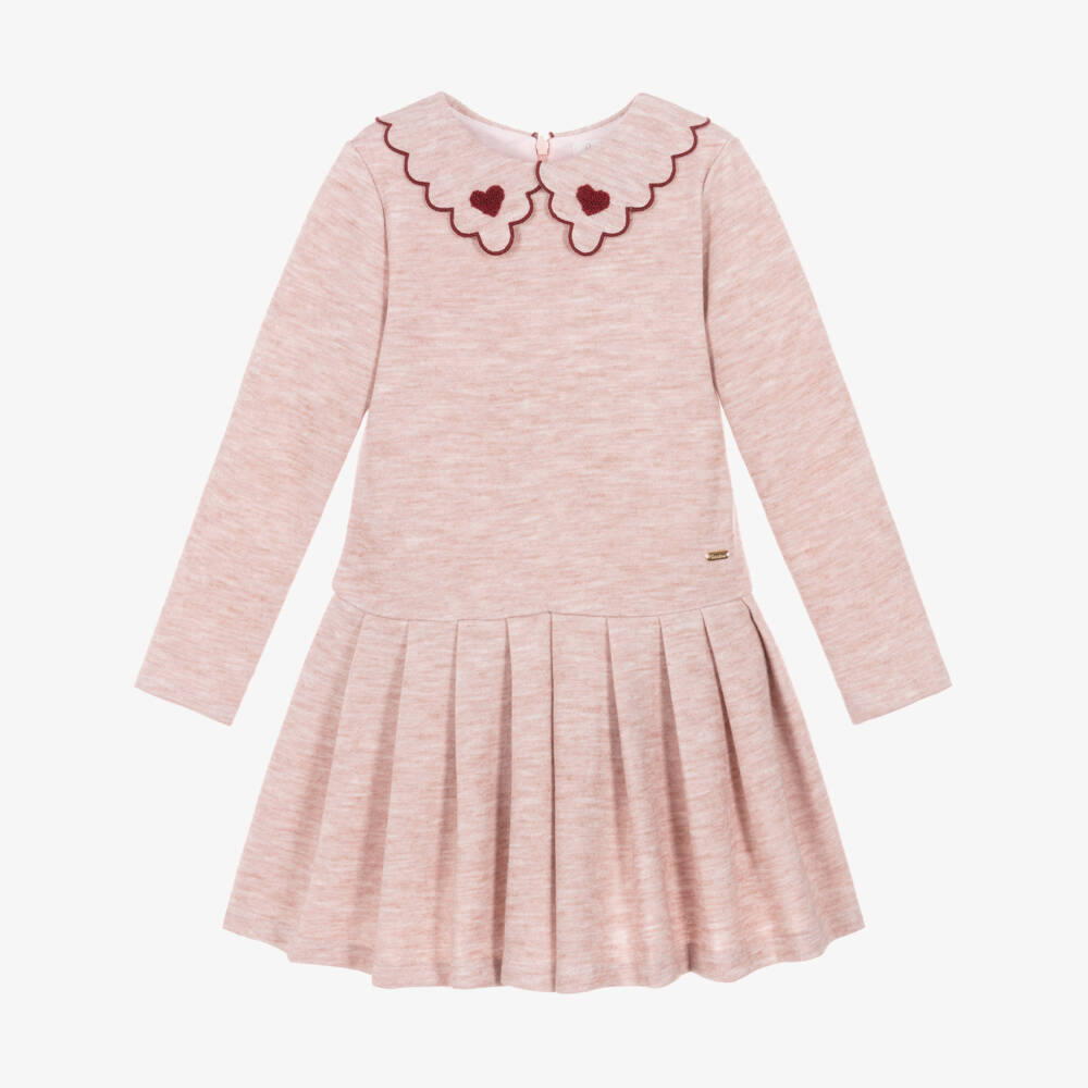 Patachou-Girls Pink Marl Pleated Dress with Scalloped Collar | Childrensalon