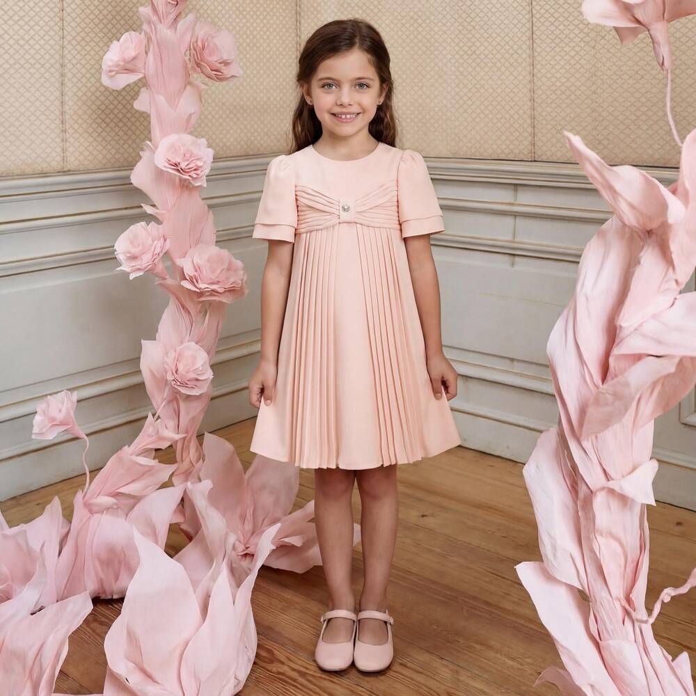 Patachou-Girls Pink Pleated Dress with Bow Bodice | Childrensalon