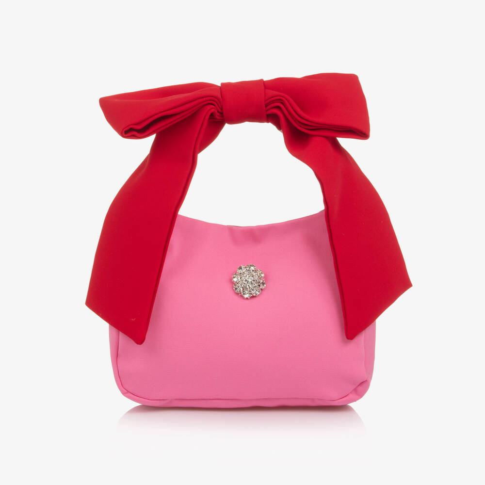 Patachou-Girls Pink & Red Bow Handbag with Diamanté Detail (20cm) | Childrensalon