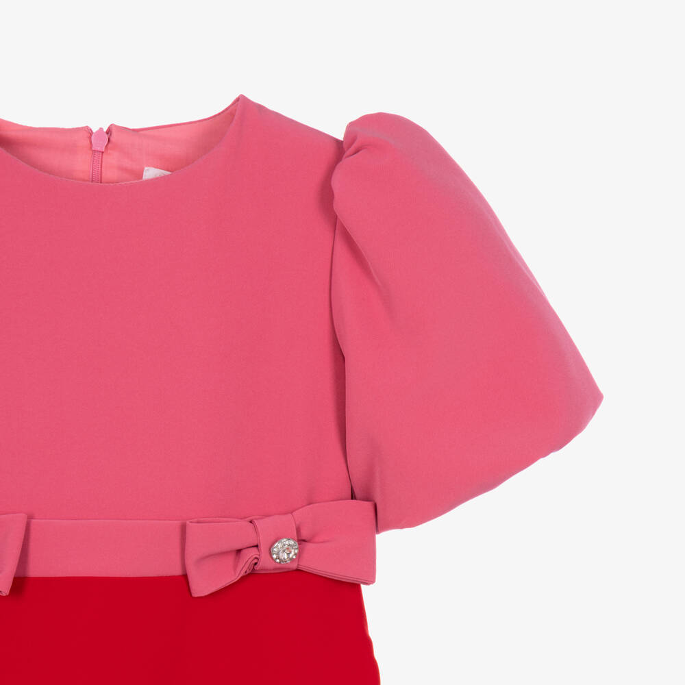 Patachou-Girls Pink & Red Crêpe Dress with Bow Details | Childrensalon