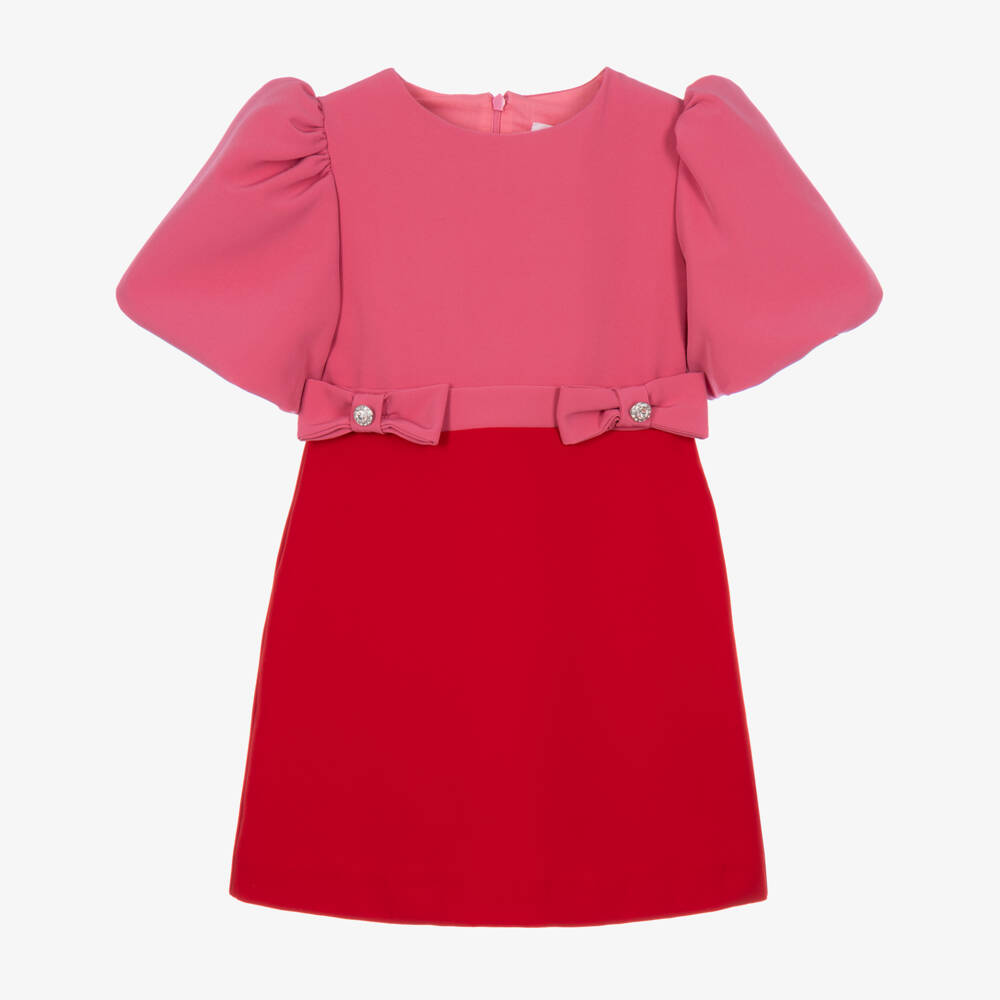 Patachou-Girls Pink & Red Crêpe Dress with Bow Details  | Childrensalon