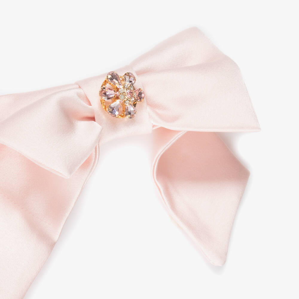 Patachou-Girls Pink Satin Bow Hair Clip with Gemstone Flower (14cm) | Childrensalon