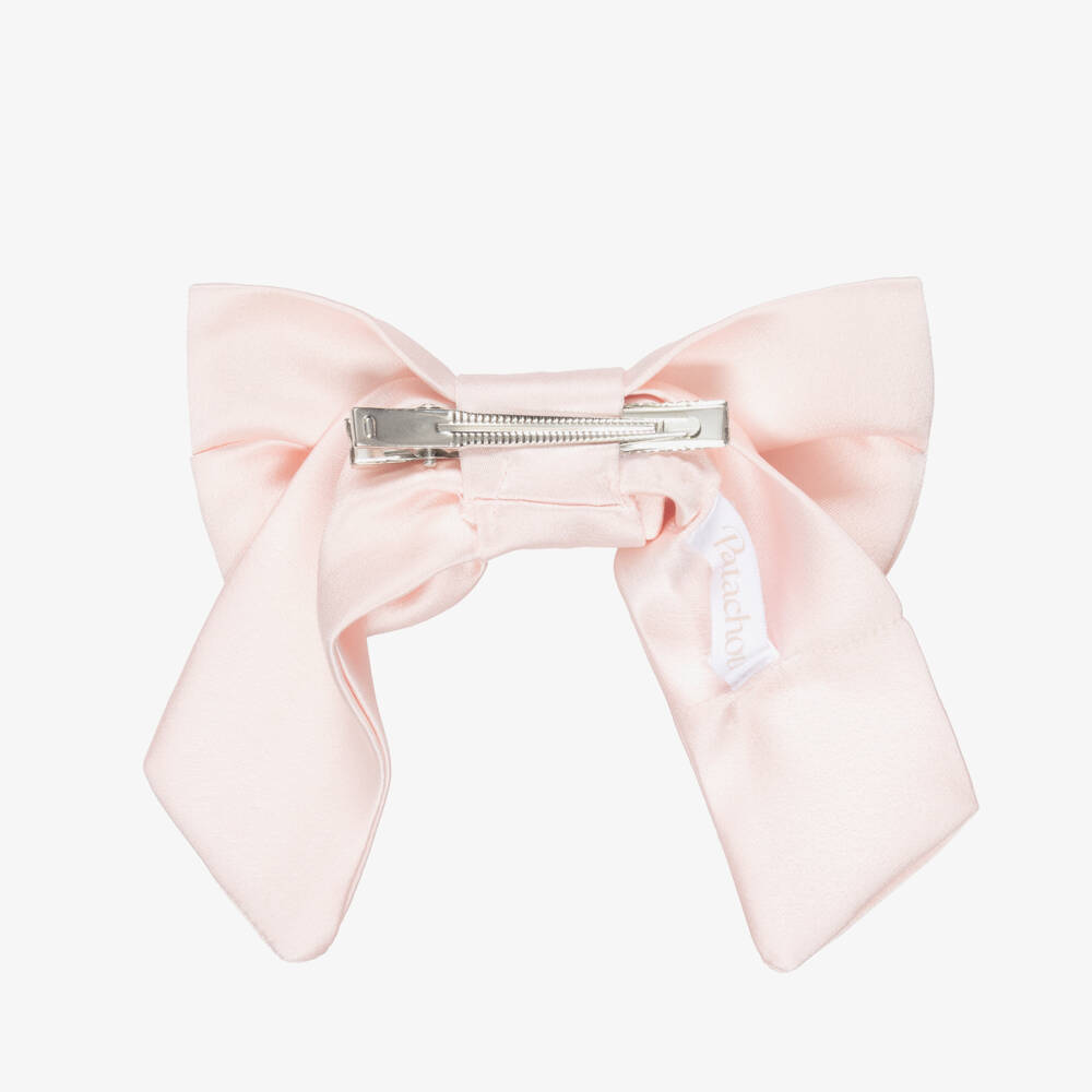 Patachou-Girls Pink Satin Bow Hair Clip with Gemstone Flower (14cm) | Childrensalon
