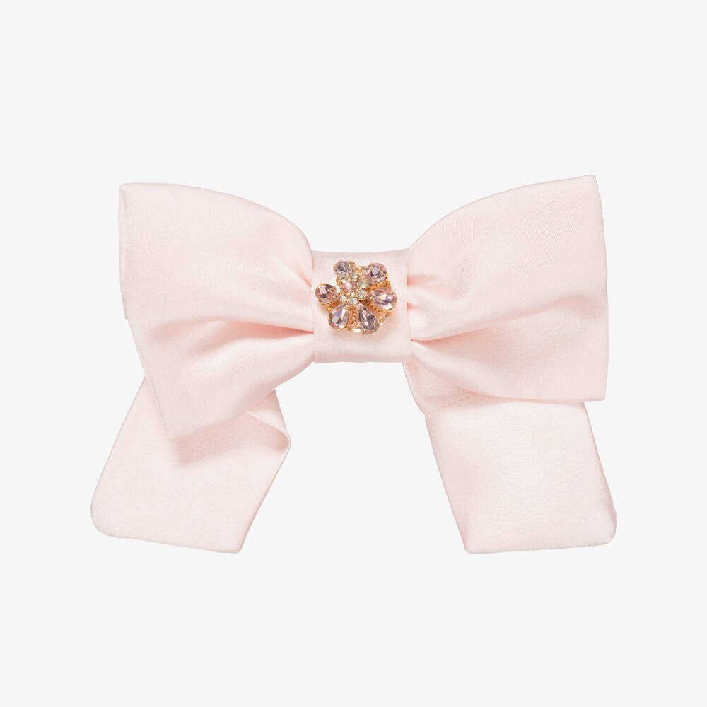 Patachou-Girls Pink Satin Bow Hair Clip with Gemstone Flower (14cm) | Childrensalon