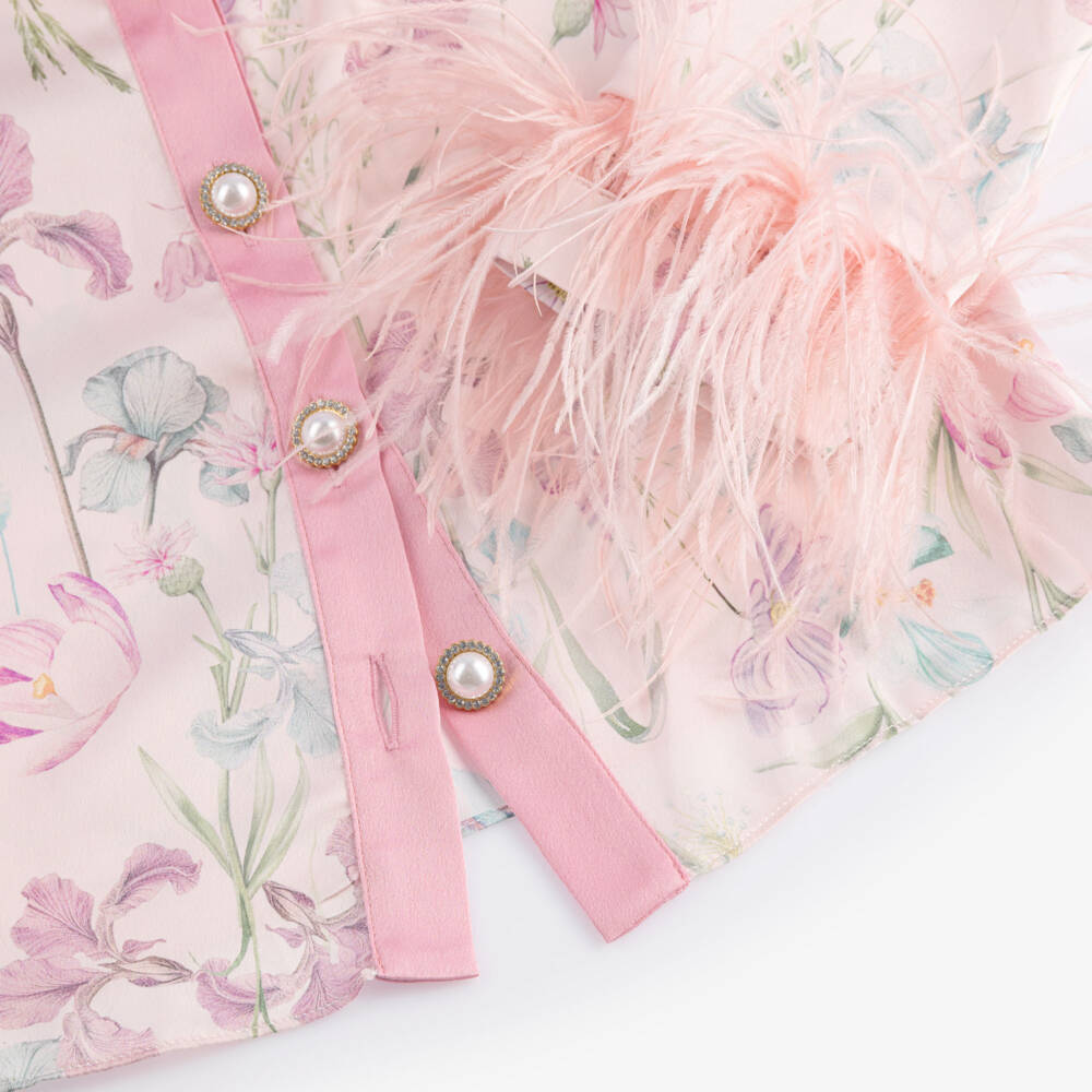 Patachou-Girls Pink Satin Floral Print Trouser Set with Feather Trims | Childrensalon