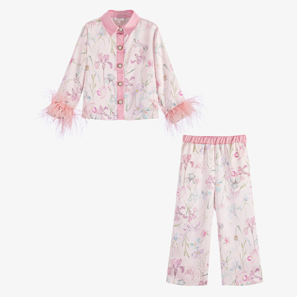Patachou-Girls Pink Satin Floral Print Trouser Set with Feather Trims | Childrensalon