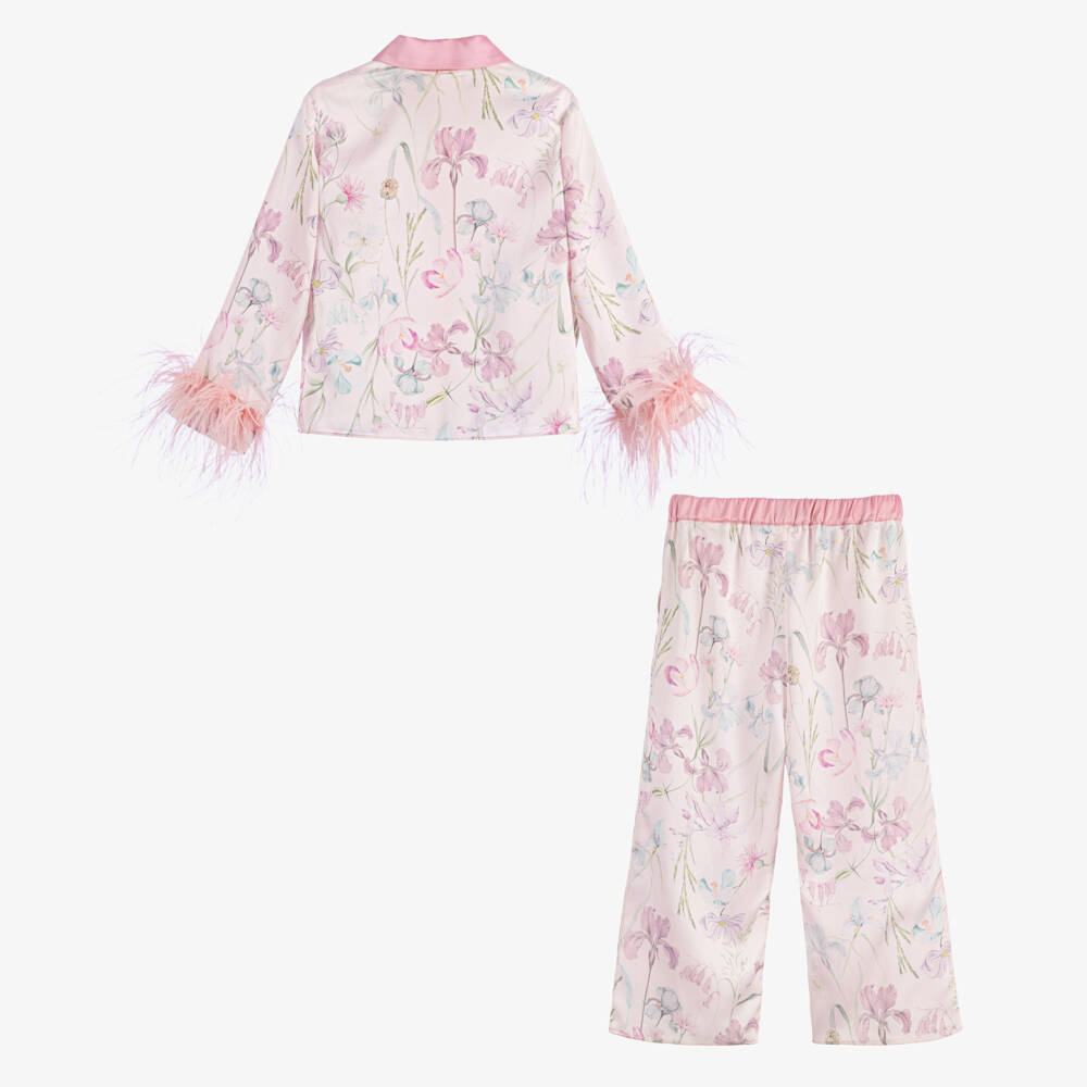 Patachou-Girls Pink Satin Floral Print Trouser Set with Feather Trims | Childrensalon
