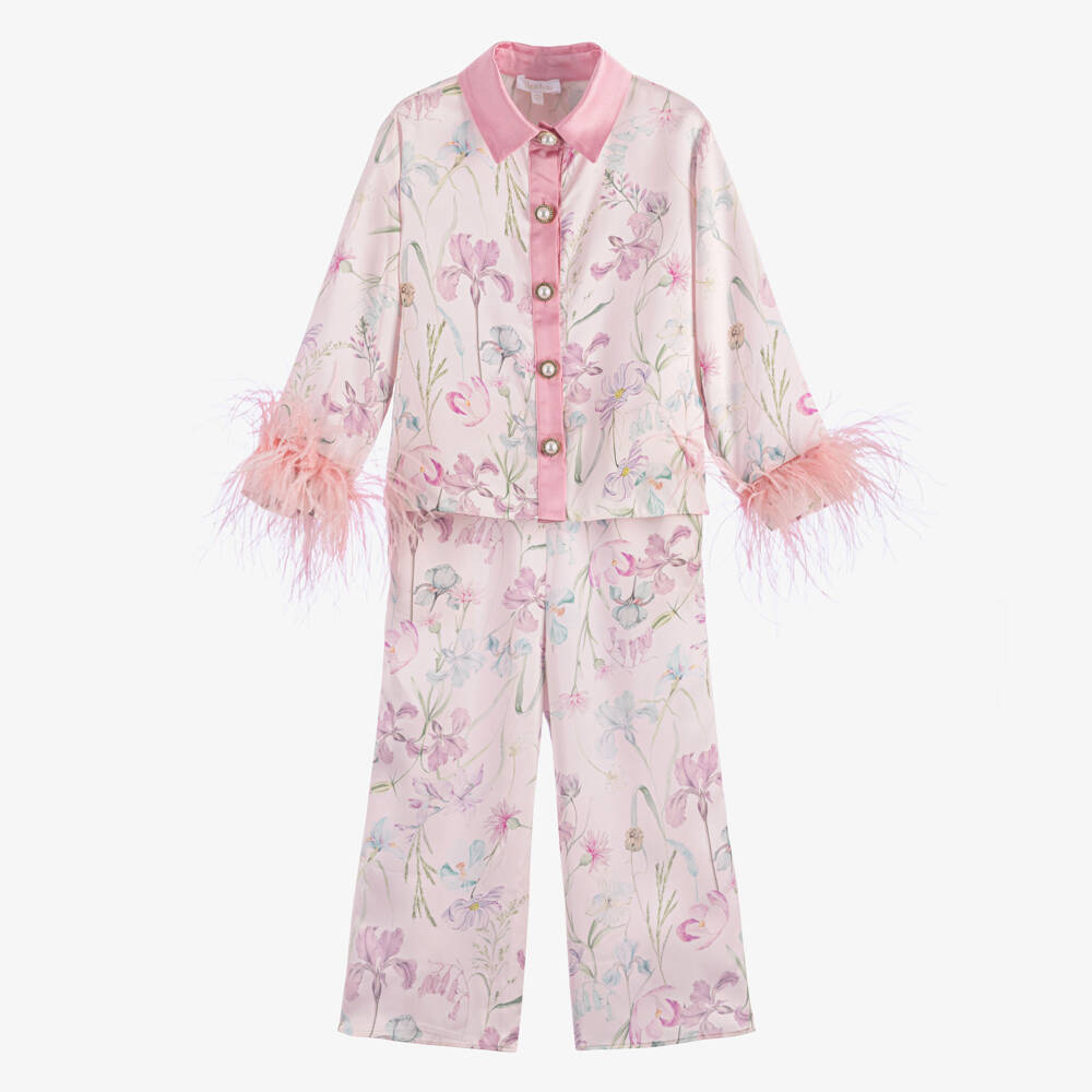 Patachou-Girls Pink Satin Floral Print Trouser Set with Feather Trims | Childrensalon