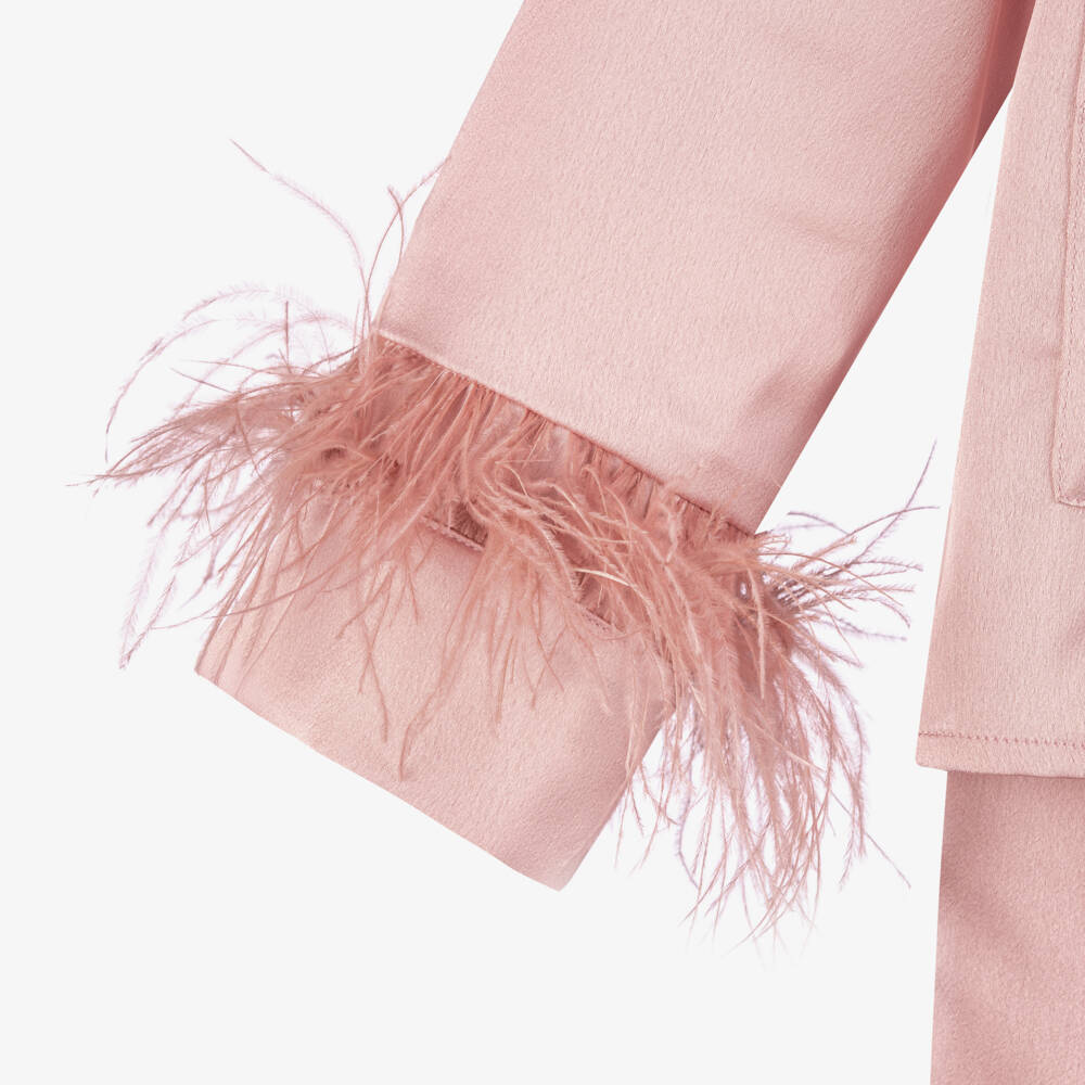 Patachou-Girls Pink Satin Trouser Set with Feather Trims | Childrensalon