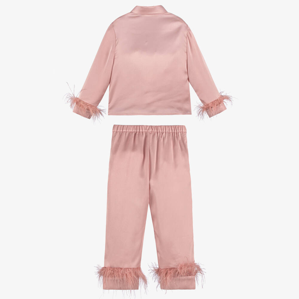 Patachou-Girls Pink Satin Trouser Set with Feather Trims | Childrensalon