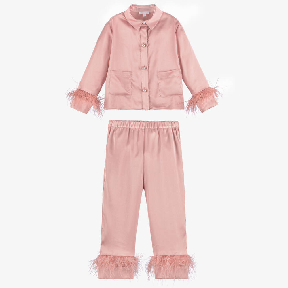 Patachou-Girls Pink Satin Trouser Set with Feather Trims | Childrensalon