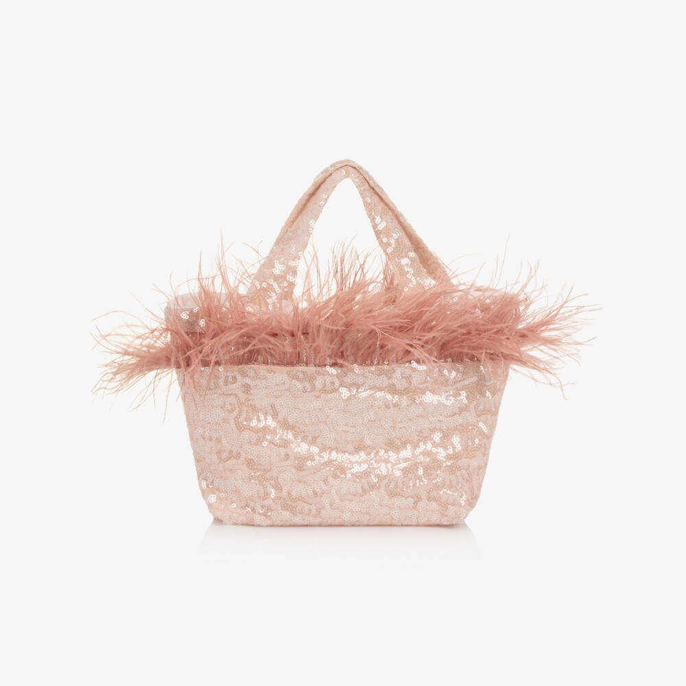 Patachou-حقيبة يد مزينة بالترتر والريش لون زهري للبنات (25 سم) | Childrensalon