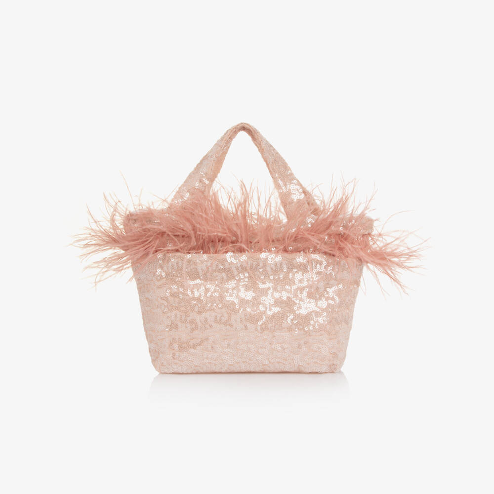 Patachou-Girls Pink Sequin & Feather Trim Handbag (25cm) | Childrensalon