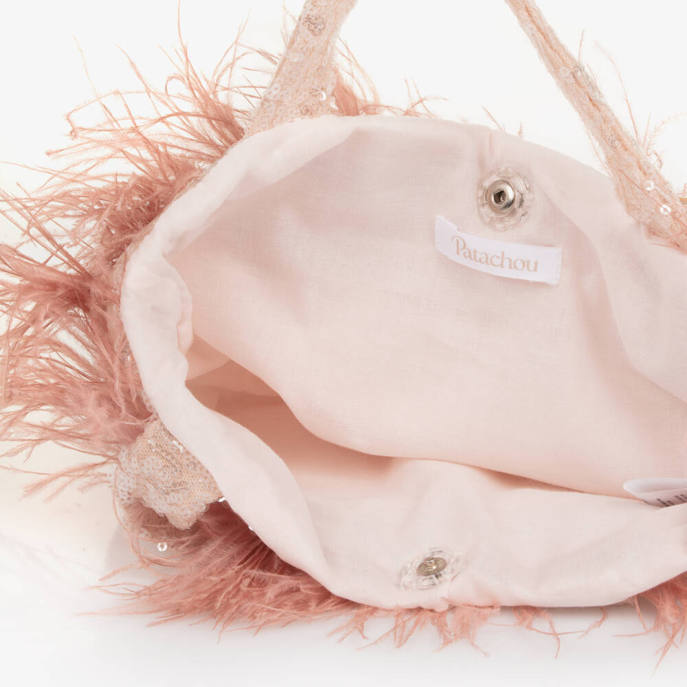 Patachou-حقيبة يد مزينة بالترتر والريش لون زهري للبنات (25 سم) | Childrensalon