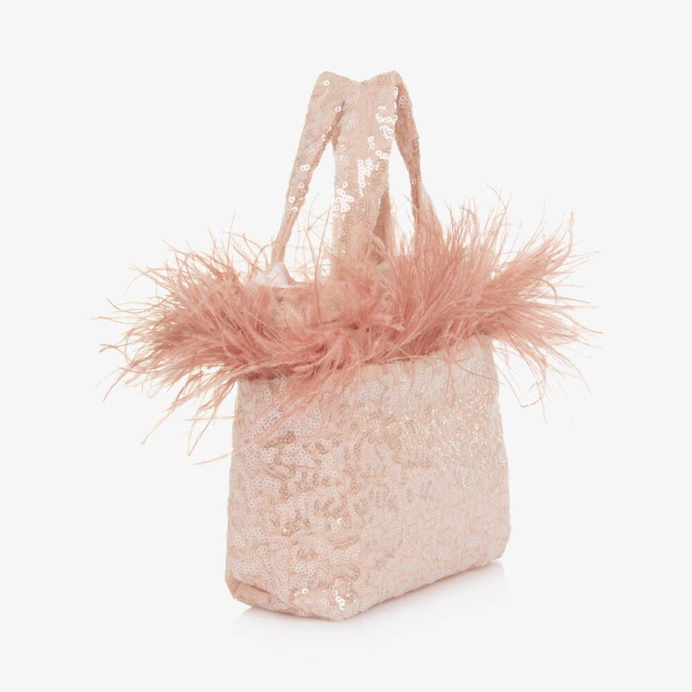 Patachou-حقيبة يد مزينة بالترتر والريش لون زهري للبنات (25 سم) | Childrensalon