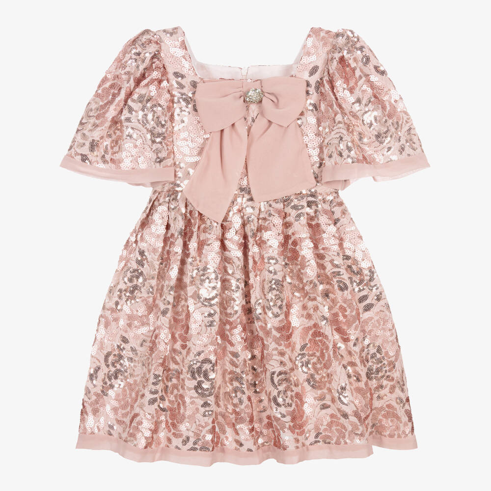 Patachou-Girls Pink Sequinned Lace Dress with Crêpe Bow | Childrensalon
