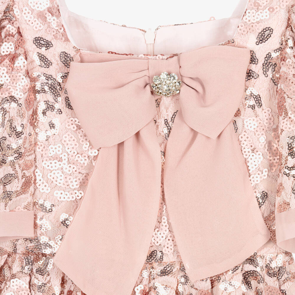 Patachou-Girls Pink Sequinned Lace Dress with Crêpe Bow | Childrensalon