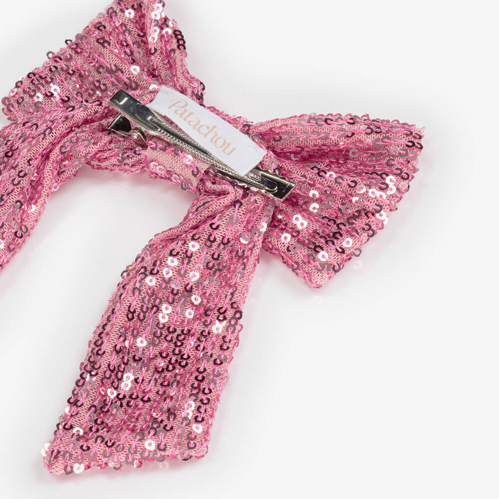 Patachou-Girls Pink Sequinned Tulle Bow Hair Clip (13.5cm) | Childrensalon