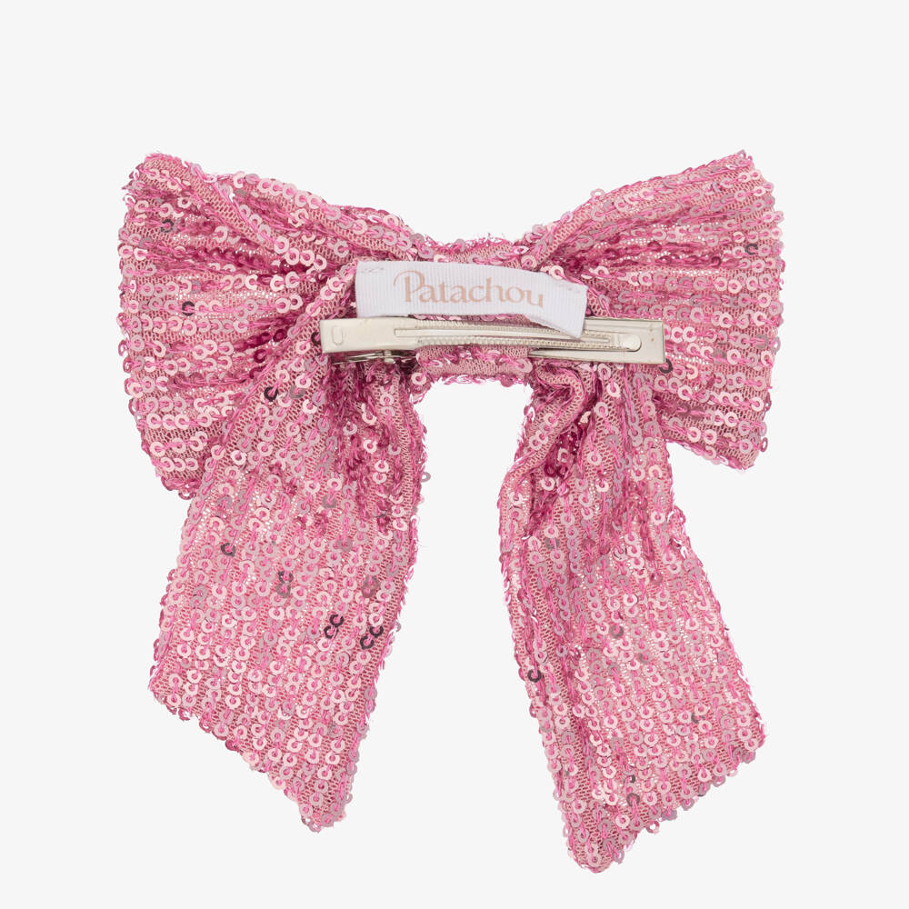 Patachou-Girls Pink Sequinned Tulle Bow Hair Clip (13.5cm) | Childrensalon