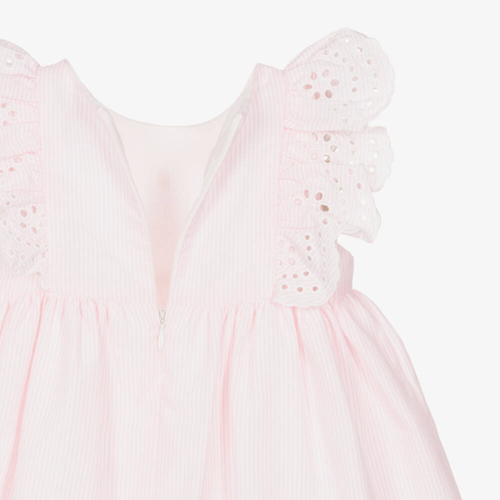 Patachou-Girls Pink Stripe Dress with Broderie Ruffles | Childrensalon