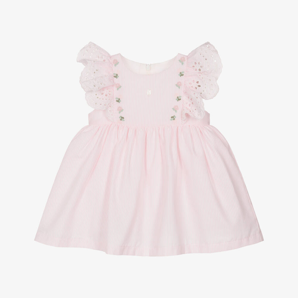 Patachou-Girls Pink Stripe Dress with Broderie Ruffles | Childrensalon