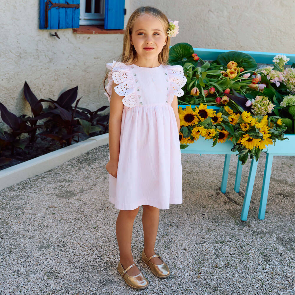 Patachou-Girls Pink Stripe Dress with Broderie Ruffles | Childrensalon