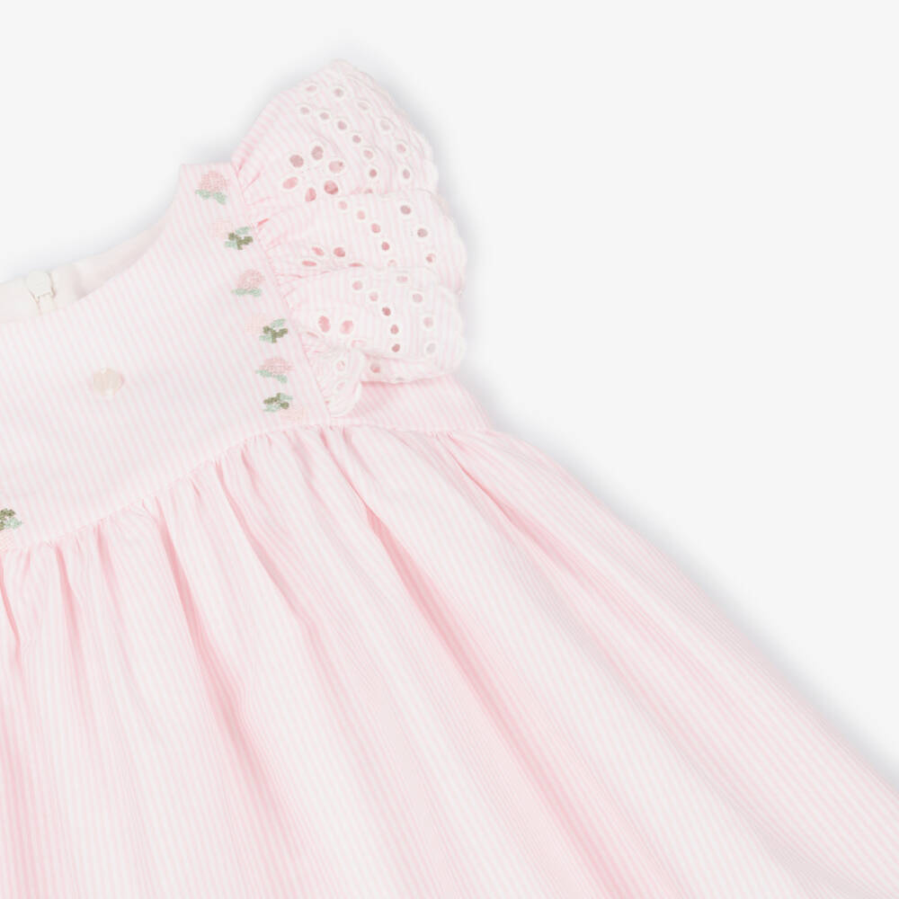 Patachou-Girls Pink Stripe Dress with Broderie Ruffles | Childrensalon