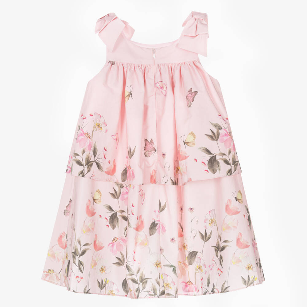 Patachou-Girls Pink Tiered Cotton Sateen Dress with Bows & Floral Print | Childrensalon