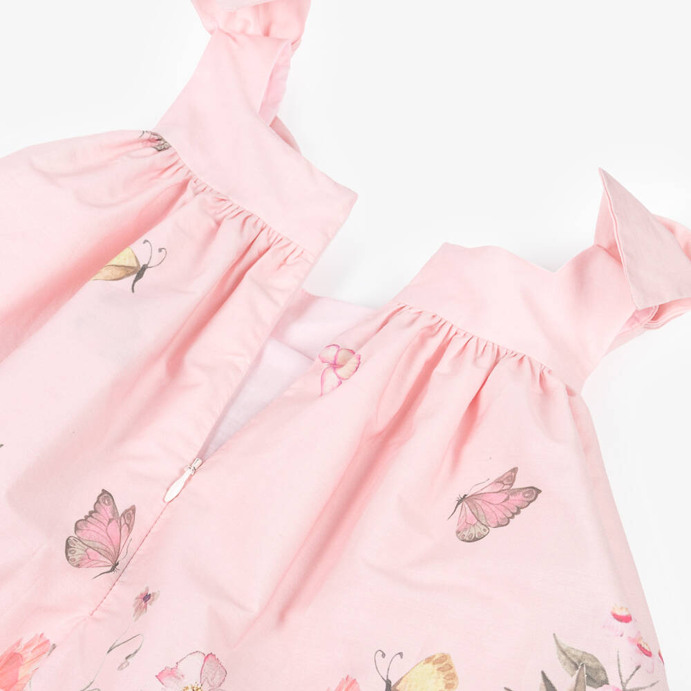 Patachou-Girls Pink Tiered Cotton Sateen Dress with Bows & Floral Print | Childrensalon