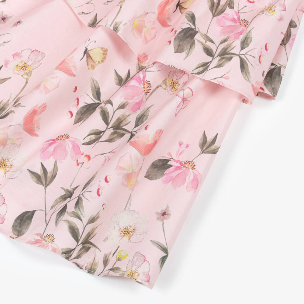 Patachou-Girls Pink Tiered Cotton Sateen Dress with Bows & Floral Print | Childrensalon