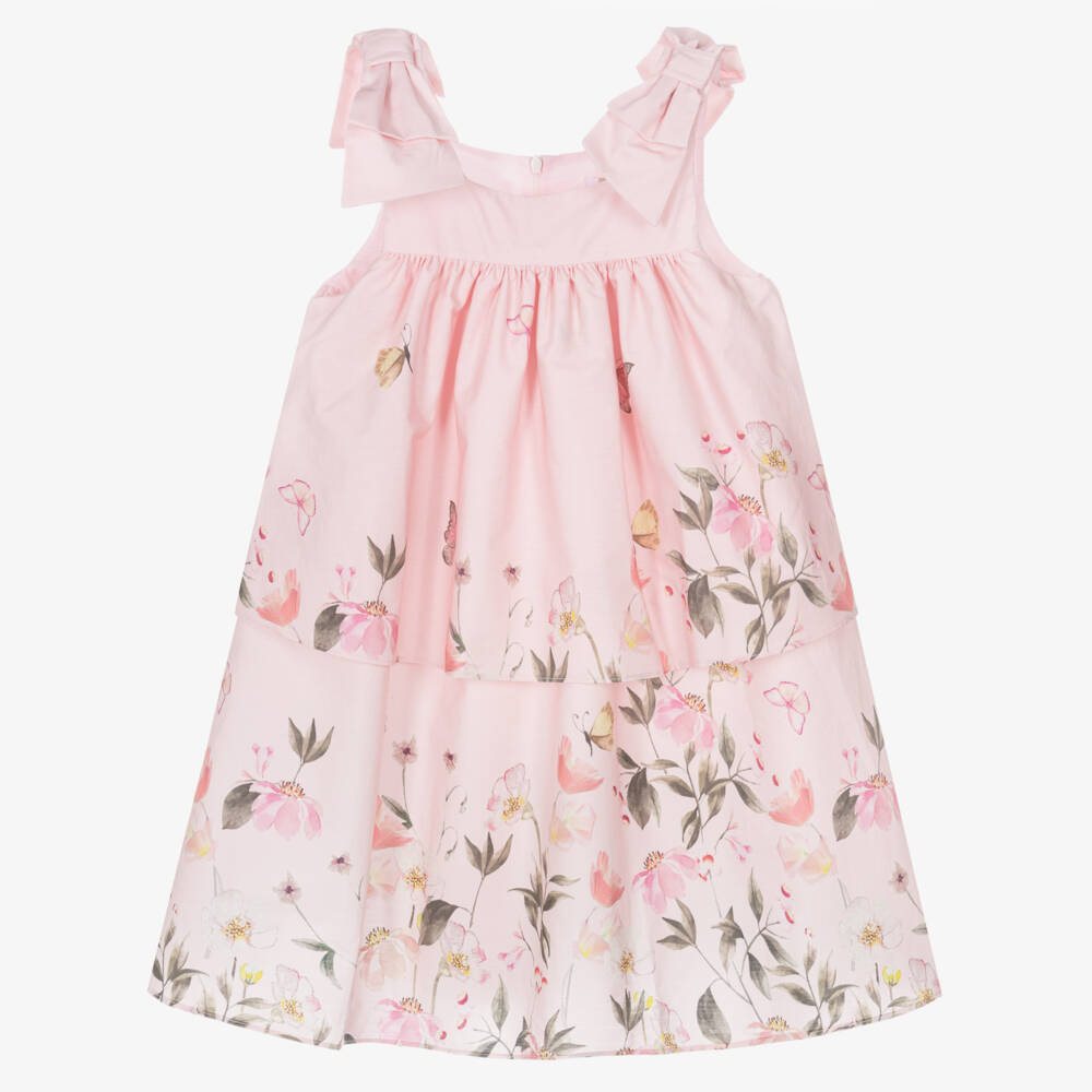 Patachou-Girls Pink Tiered Cotton Sateen Dress with Bows & Floral Print | Childrensalon