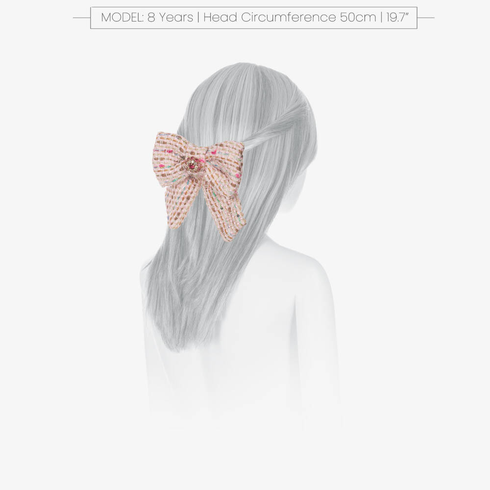 Patachou-Girls Pink Tweed Bow Hair Clip with Gemstone Flower (13cm) | Childrensalon