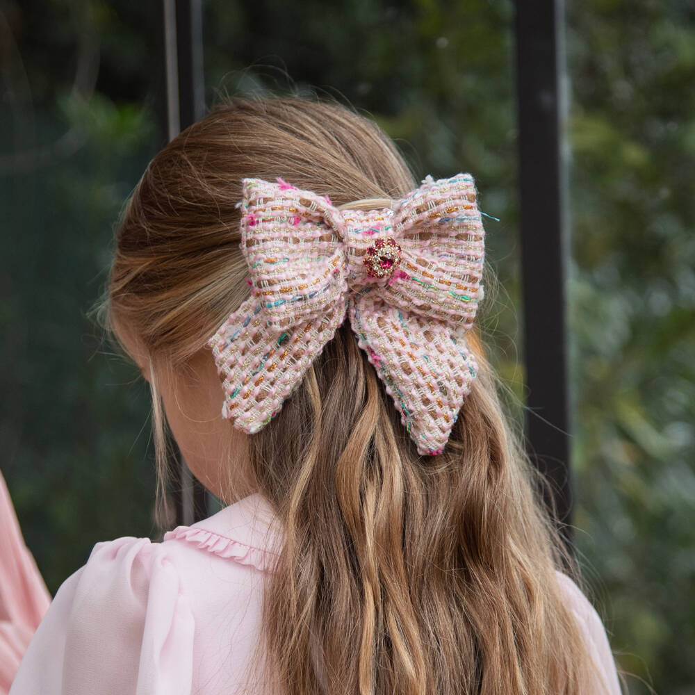 Patachou-Girls Pink Tweed Bow Hair Clip with Gemstone Flower (13cm) | Childrensalon