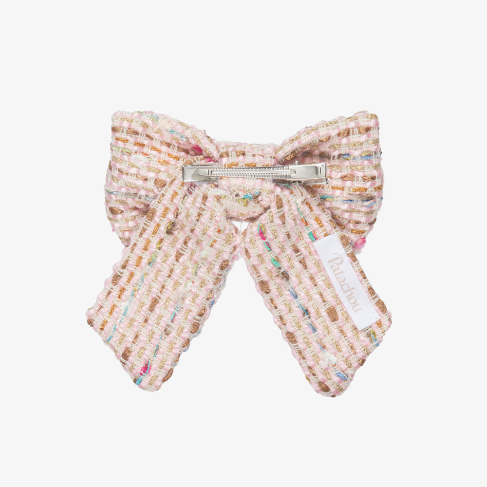 Patachou-Girls Pink Tweed Bow Hair Clip with Gemstone Flower (13cm) | Childrensalon