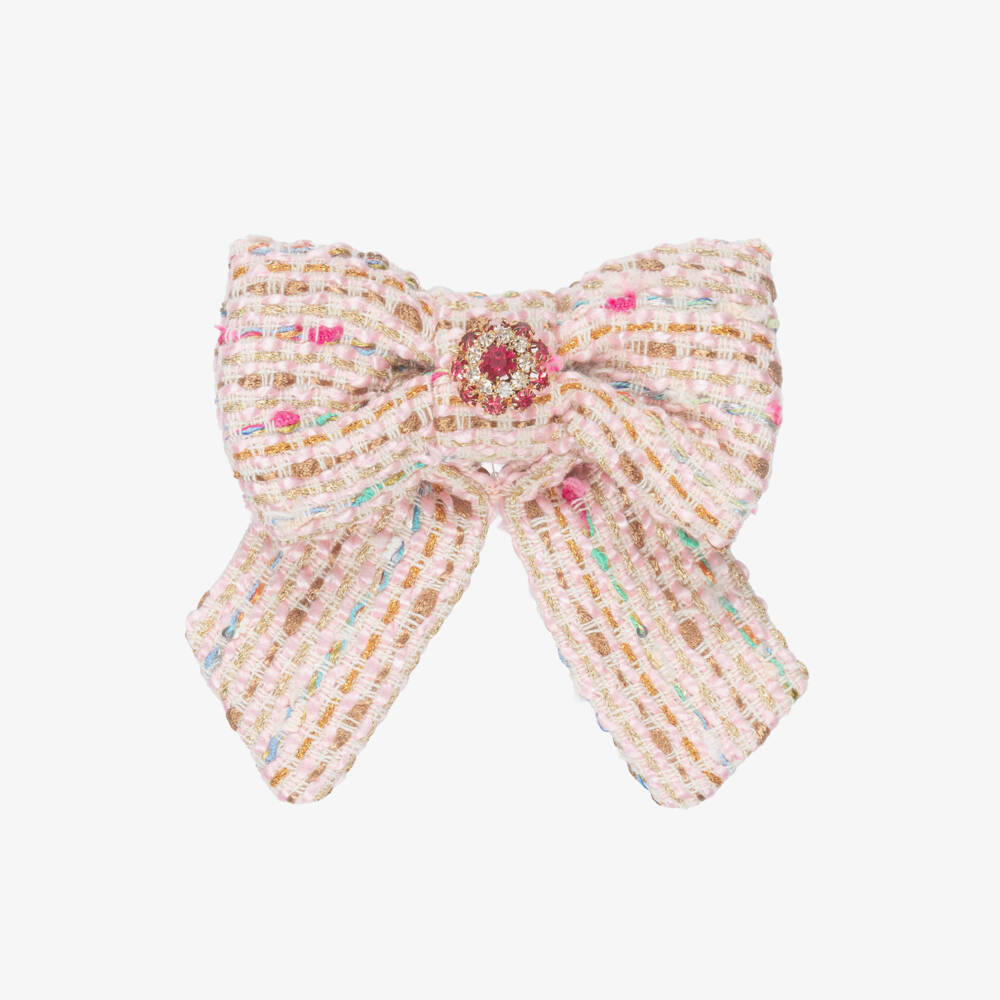 Patachou-Girls Pink Tweed Bow Hair Clip with Gemstone Flower (13cm) | Childrensalon