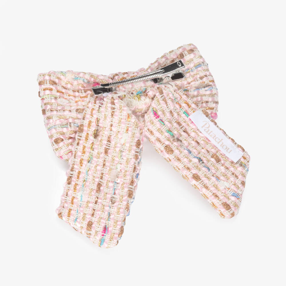 Patachou-Girls Pink Tweed Bow Hair Clip with Gemstone Flower (13cm) | Childrensalon