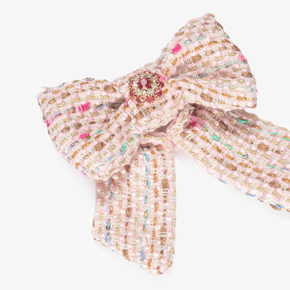 Patachou-Girls Pink Tweed Bow Hair Clip with Gemstone Flower (13cm) | Childrensalon