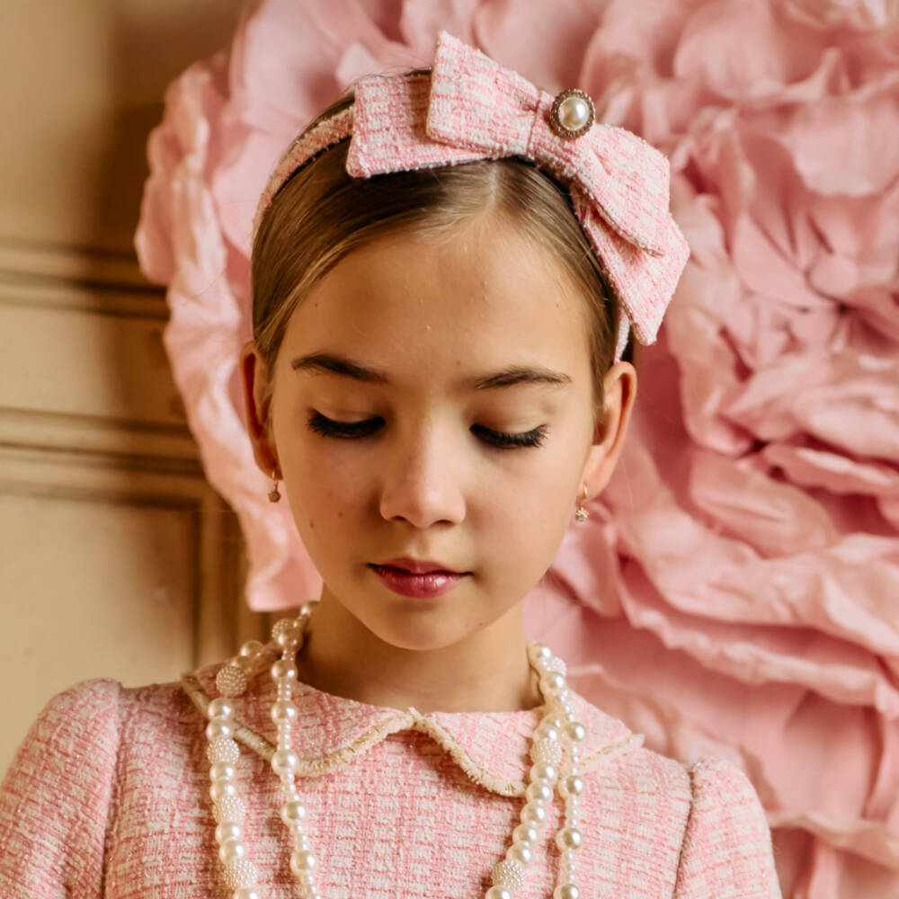 Patachou-Girls Pink Tweed Bow Hairband | Childrensalon