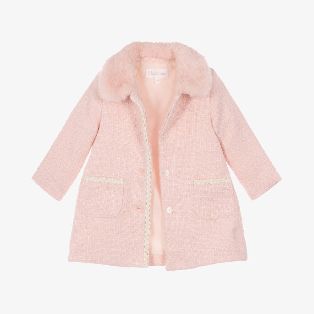 Patachou-Girls Pink Tweed Coat with Faux Fur Collar | Childrensalon