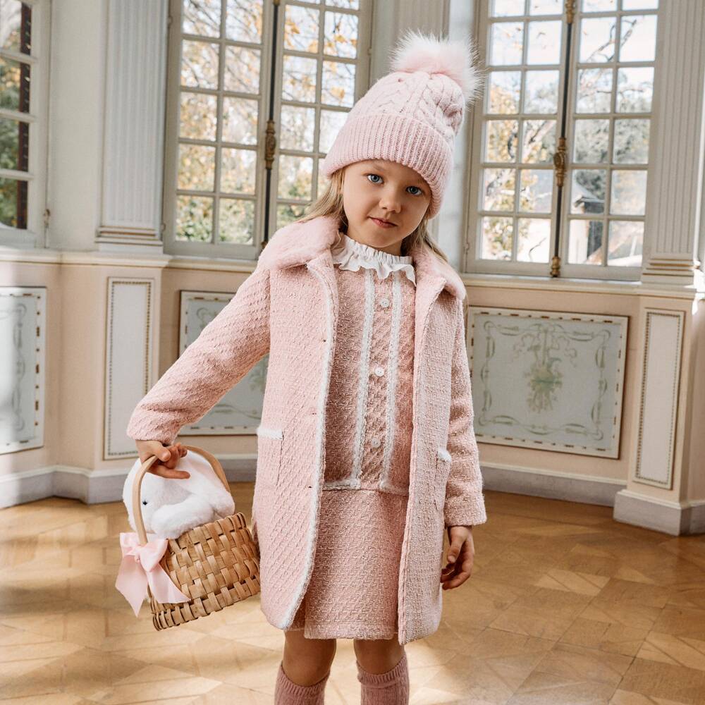 Patachou-Girls Pink Tweed Coat with Faux Fur Collar | Childrensalon